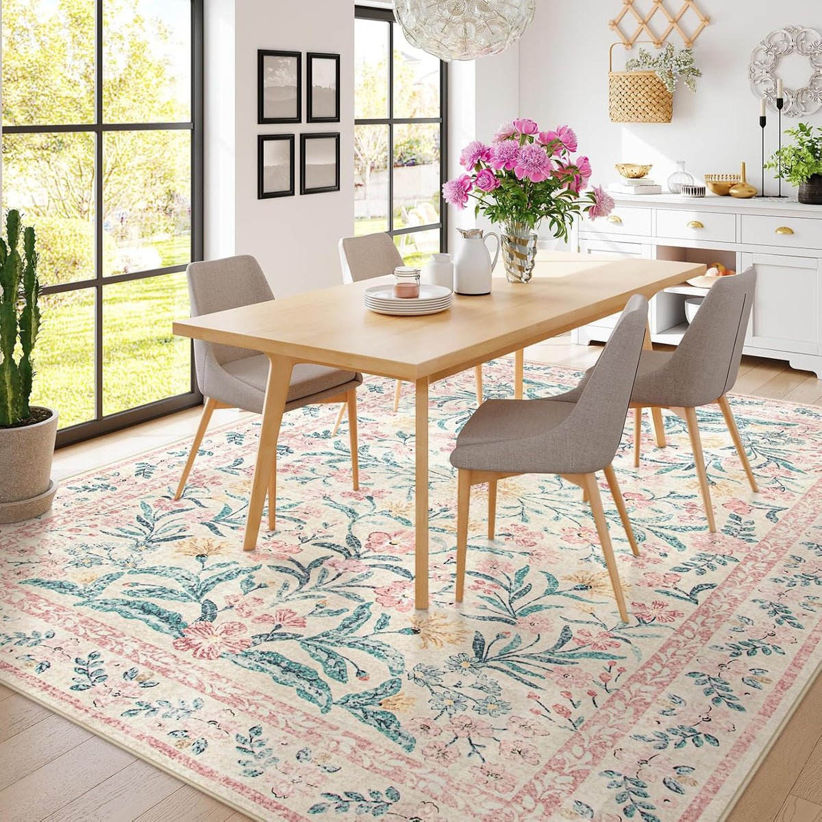 Wonnitar Floral Large Rugs for Living Room, Soft Light Pink Rug Washable 9x12 Carpet Non Slip, Boho