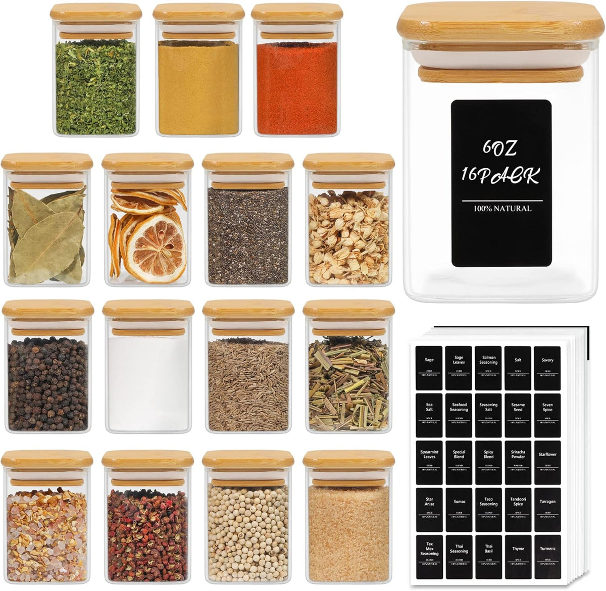 ComSaf 16Pcs Glass Spice Jars with Bamboo Lid, 6oz Airtight Square Containers with 275 Black