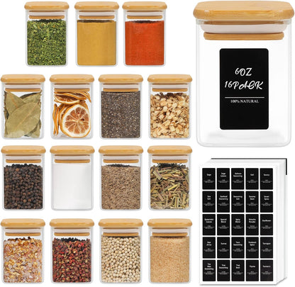 ComSaf 16Pcs Glass Spice Jars with Bamboo Lid, 6oz Airtight Square Containers with 275 Black