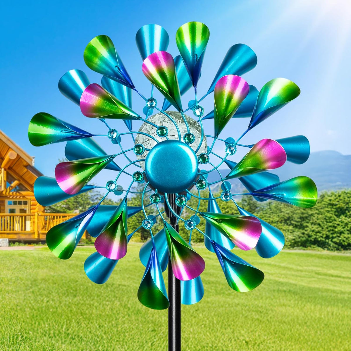 60'' Wind Spinner with Color Glass Ball Solar Lights, Green Peacock Feathers Metal Garden Outdoor