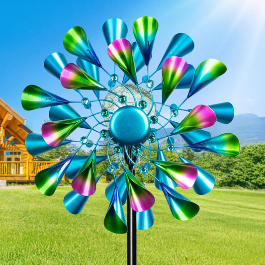 60'' Wind Spinner with Color Glass Ball Solar Lights, Green Peacock Feathers Metal Garden Outdoor