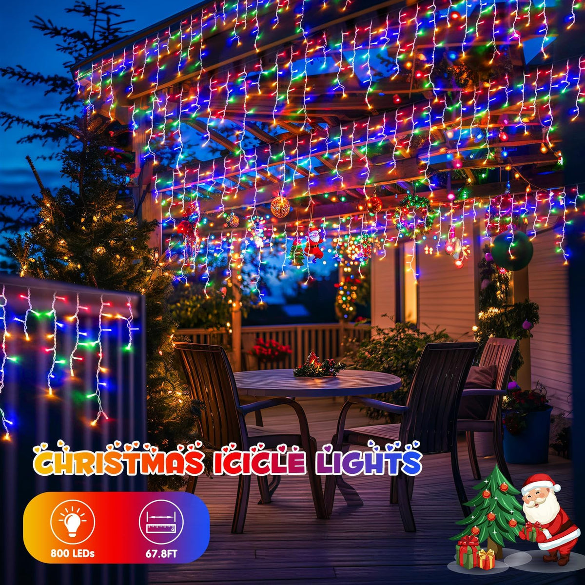 JMEXSUSS 800 LED Christmas Icicle Lights Outdoor Plug-in, Multicolor Waterproof, 8 Modes With 160
