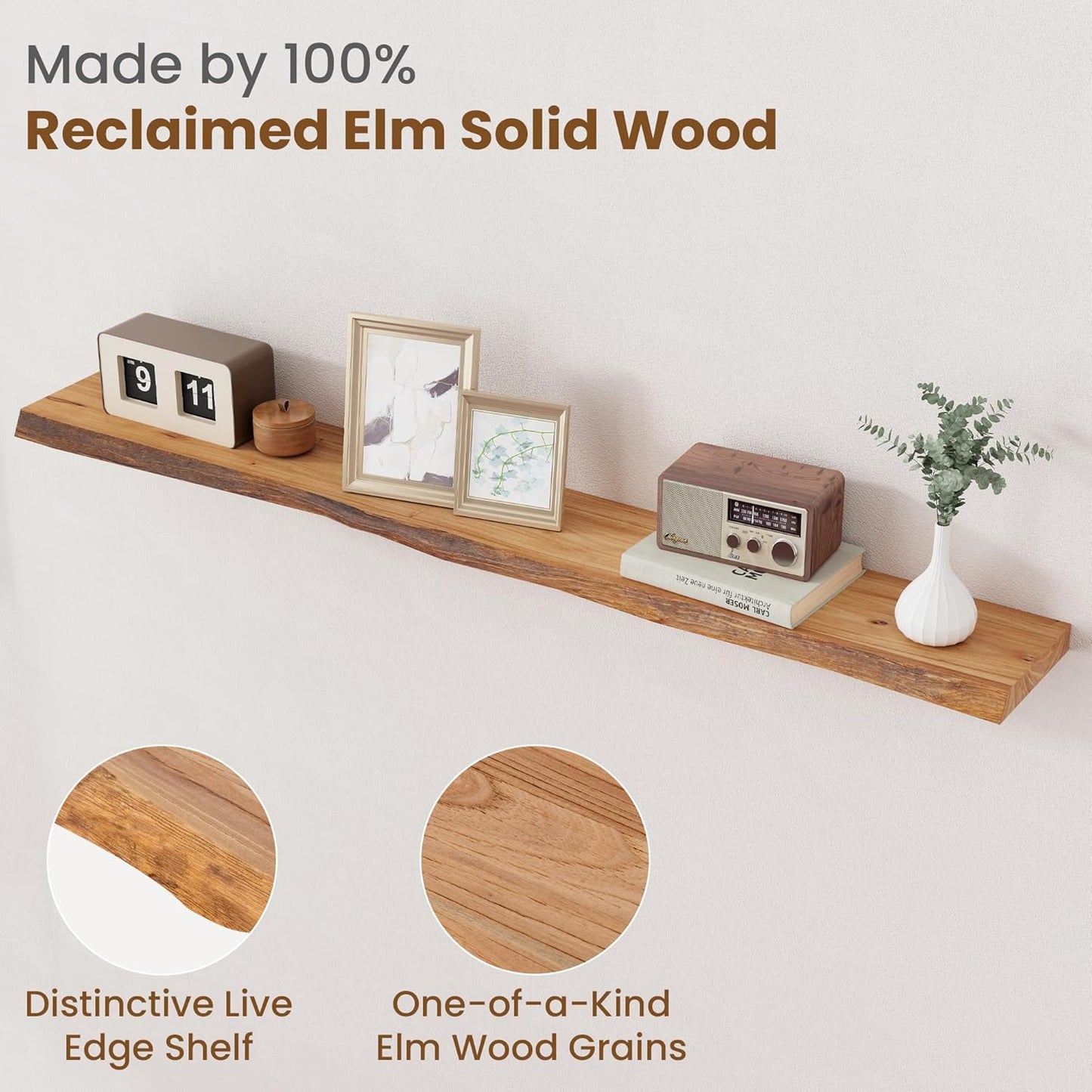 Floating Shelves for Wall Decor, Rustic Solid Elm Wood Live Edge Floating Shelves Wall Mounted