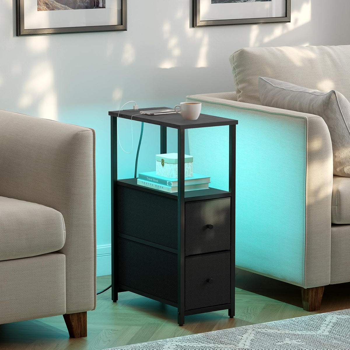 TUTOTAK Small Narrow LED End Table with Charging Station, Side Table Outlets, Nightstand with 2