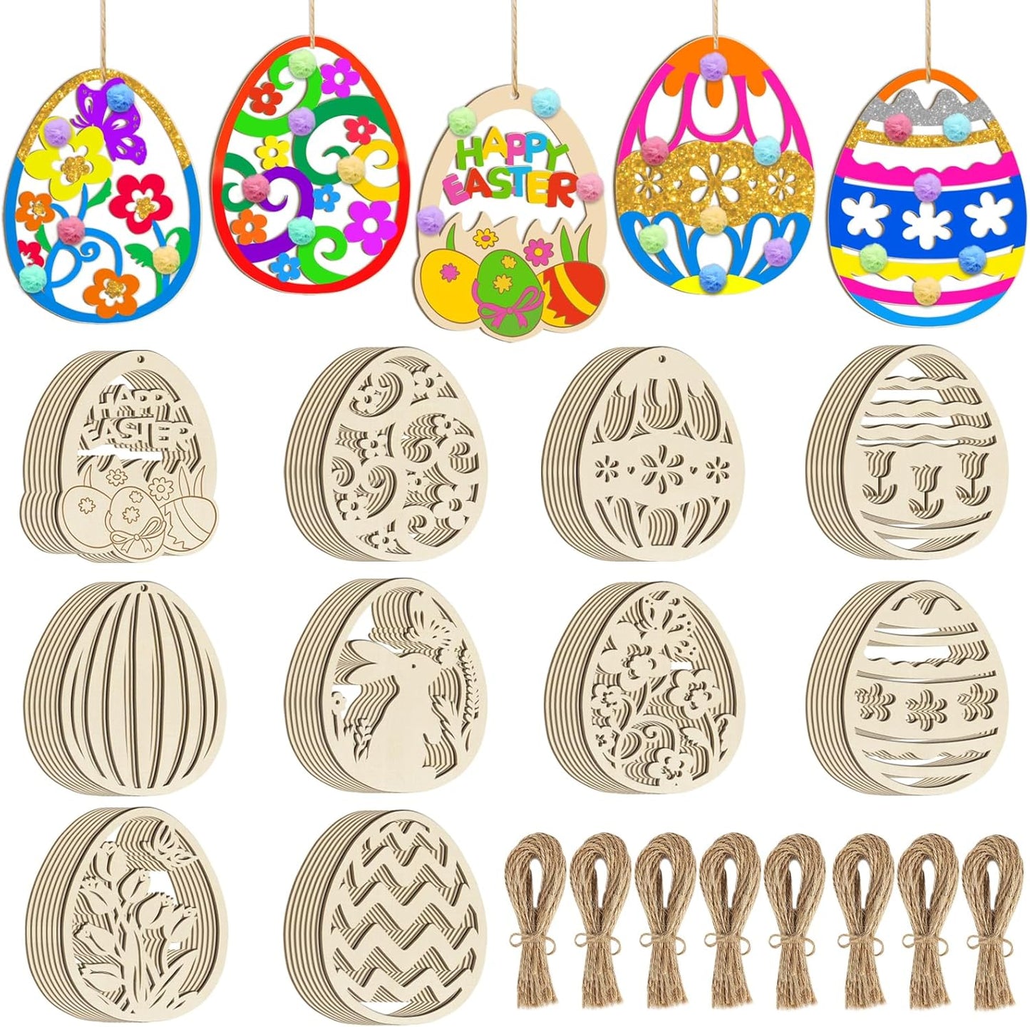 80PCS Wooden Easter Ornaments to Paint, 10 Styles DIY Blank Unfinished Wood Egg Cutouts Ornament