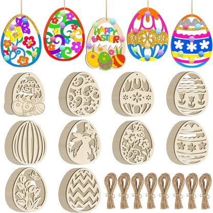 80PCS Wooden Easter Ornaments to Paint, 10 Styles DIY Blank Unfinished Wood Egg Cutouts Ornament