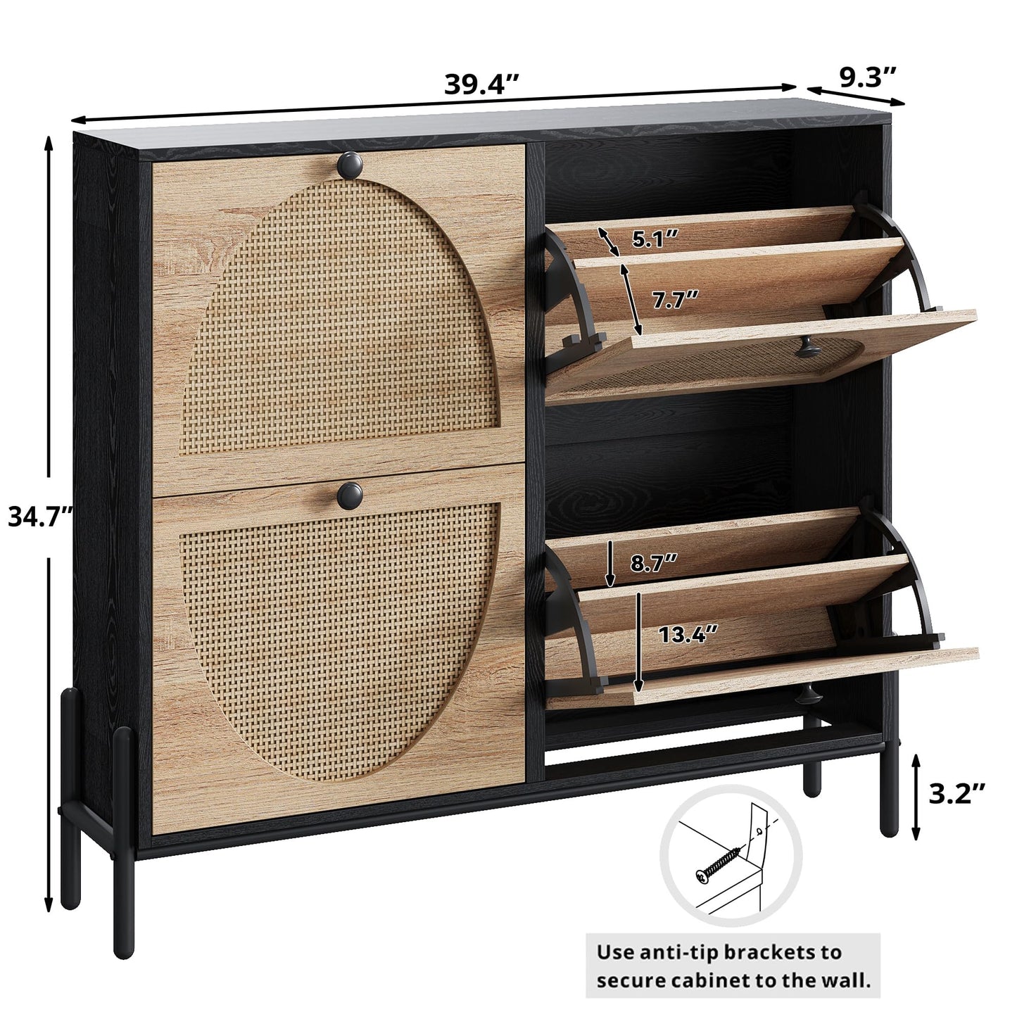 IRONCK Rattan Shoe Cabinet Storage with 4 Flip Drawers, Black