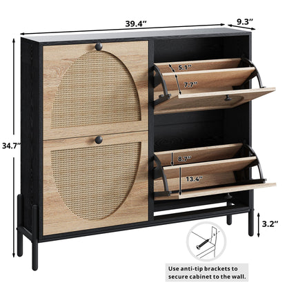 IRONCK Rattan Shoe Cabinet Storage with 4 Flip Drawers, Black