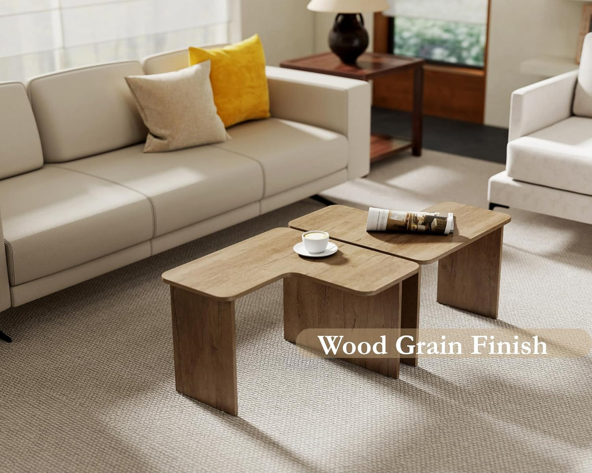 VESCASA Modern L Shaped Nesting Coffee Table Set of 2 Modular Rectangle Walnut Wood Table for
