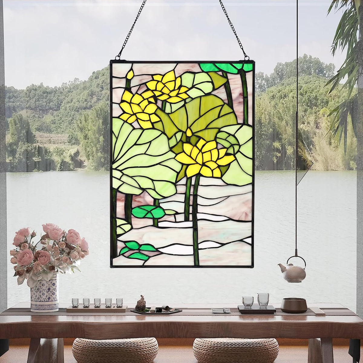 YOURANJU Stained Glass Window Hanging 16" H x 11" W Tiffany Style Rectangular Window Panel Suitable