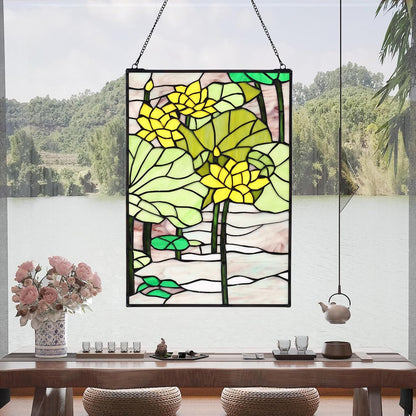 YOURANJU Stained Glass Window Hanging 16" H x 11" W Tiffany Style Rectangular Window Panel Suitable