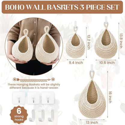 Hanging Fruit Baskets for Kitchen - 3 Pack Boho Wall Hanging Basket with 6 Pcs Strong Hooks