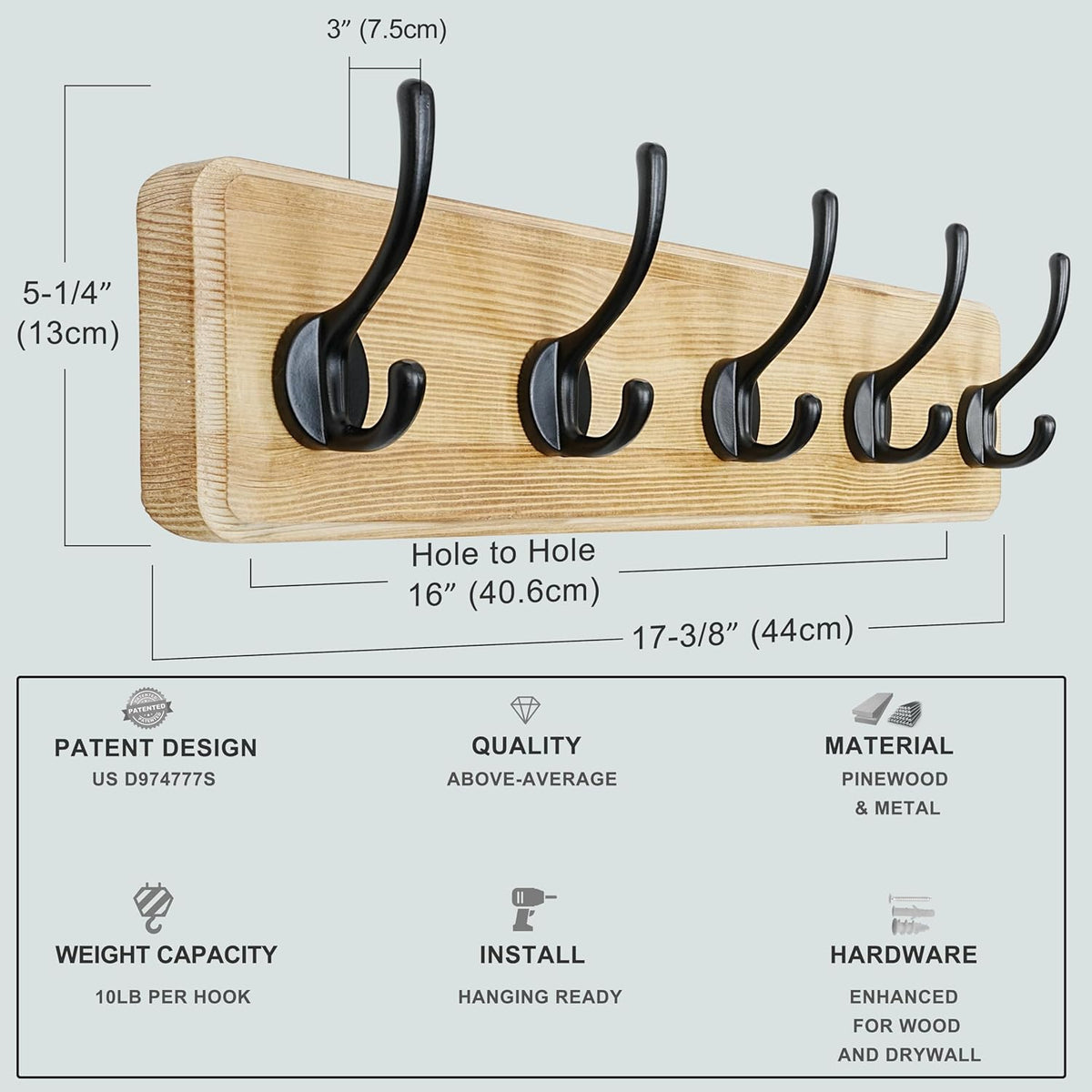 Dseap Coat Rack Wall: Patented, Heavy-Duty, 5-Double-Hooks Wooden Wall Mounted Coat Rack Coat