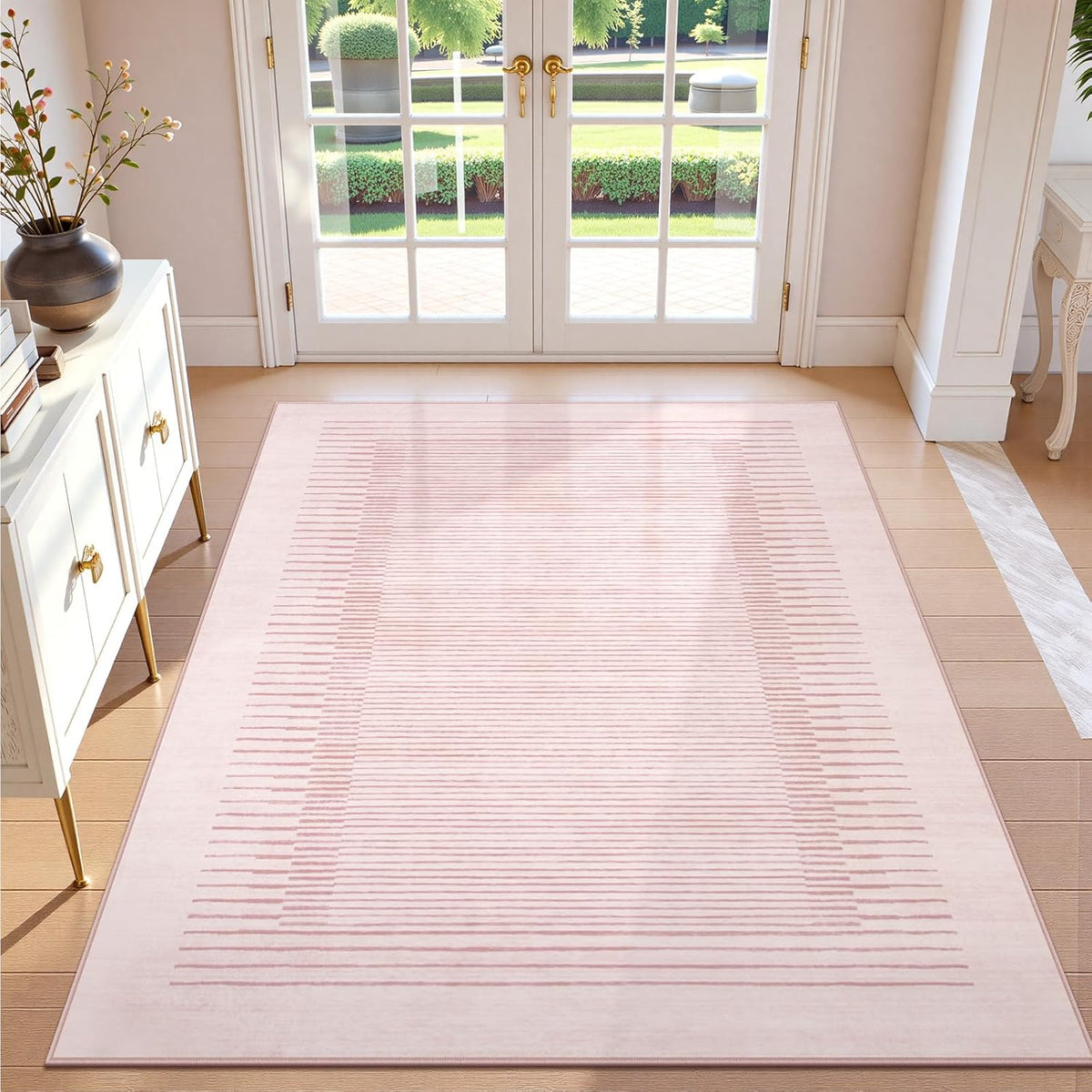 Wonnitar Washable Striped Living Room Area Rug 5x7, Non-Slip Berber Stripe Pink Area Rugs for