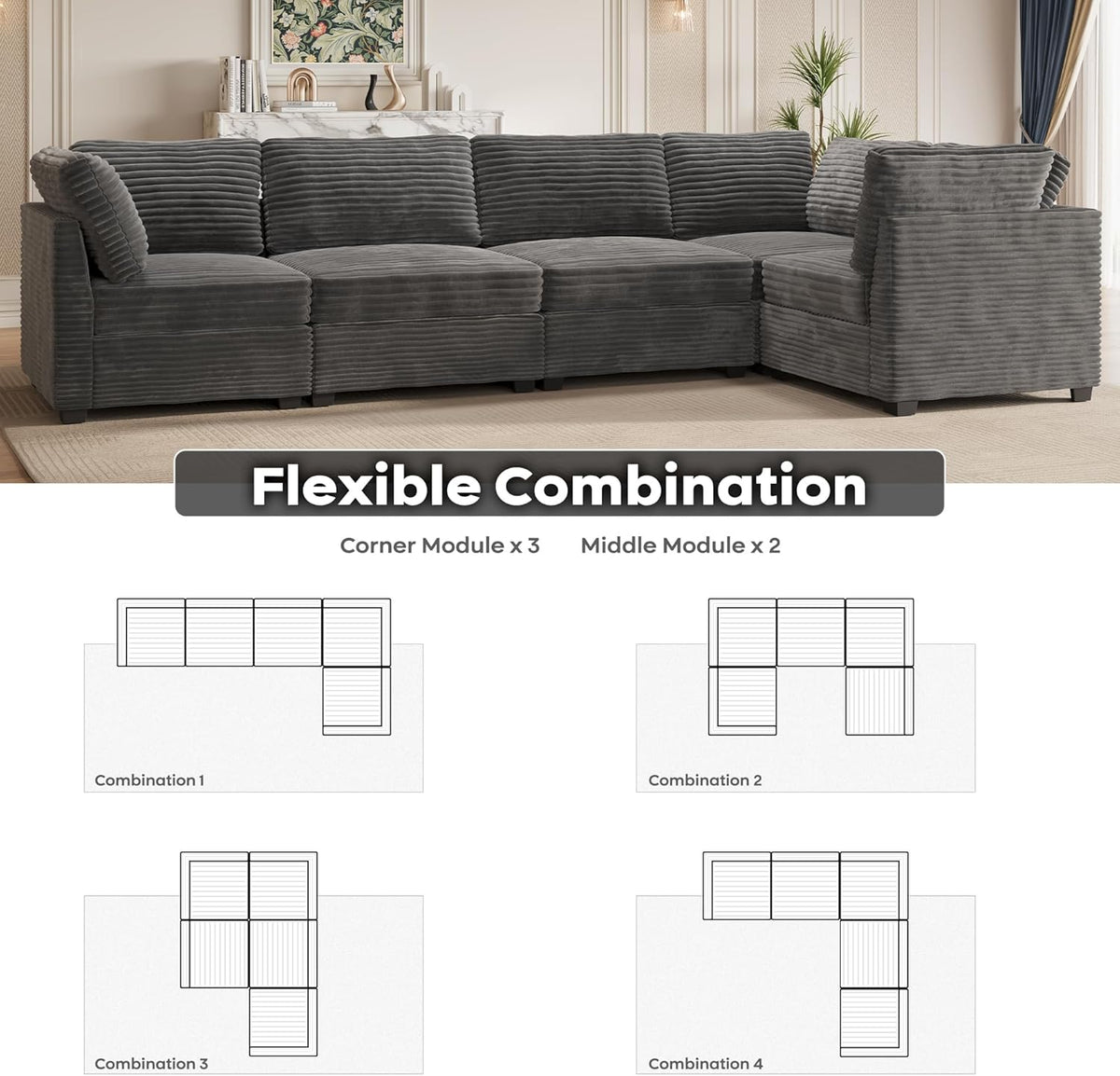 ovios Sectional Sofa Couch with L-Shape Chaise Convertible, Comfy Modular Cloud Couches with Deep