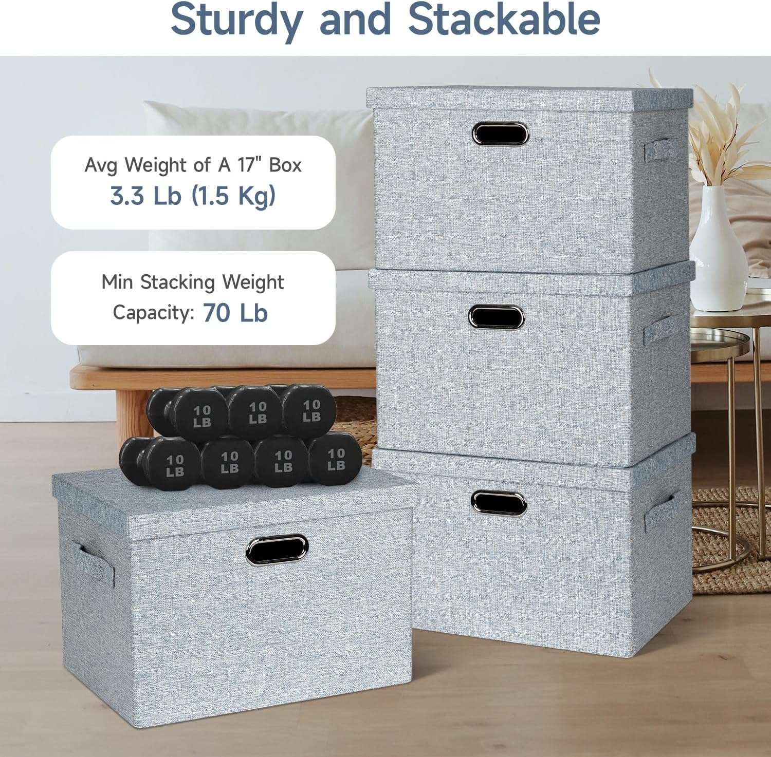 Large 17" 36 Quart Collapsible Stackable Storage Bins with Lids, 3 Packs Blue-Grey Linen Fabric