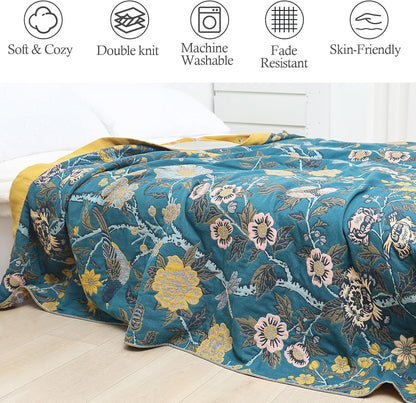 Snycler Boho Throw Blanket for Bed - 100% Cotton Ultra Soft Rustic Quilt Blanket Green Bird Floral