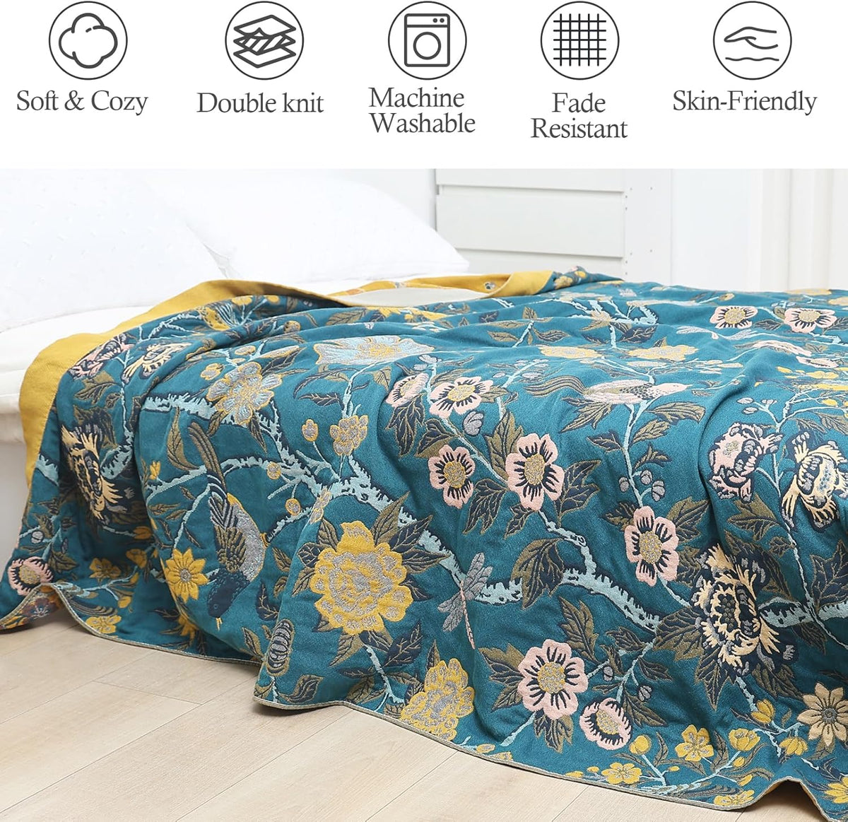 Snycler Boho Throw Blanket for Bed - 100% Cotton Ultra Soft Rustic Quilt Blanket Green Bird Floral