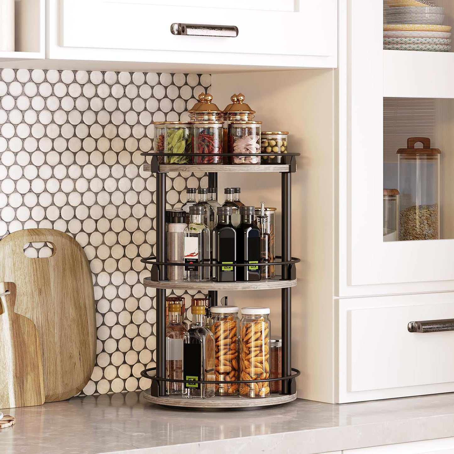 3-Tier Lazy Susan Organizer, Rotating Spice Rack, Spinning Organizer, Industrial Turntable Spice