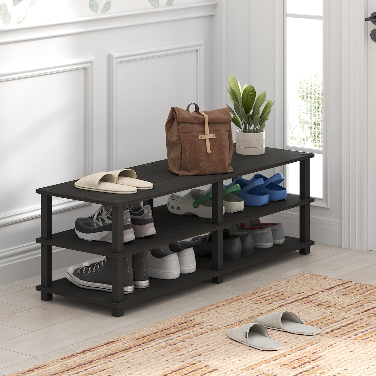 Furinno TURN-S-TUBE Shoe Rack, 3-Tier Wide Shoe Organizer, Open Shelf Rectangular Shoe Storage