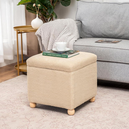 Adeco 17 Inch Soft Oatmeal Cube Ottoman Storage, Teddy Velvet Chair Foot Stools, Upholstered Vanity