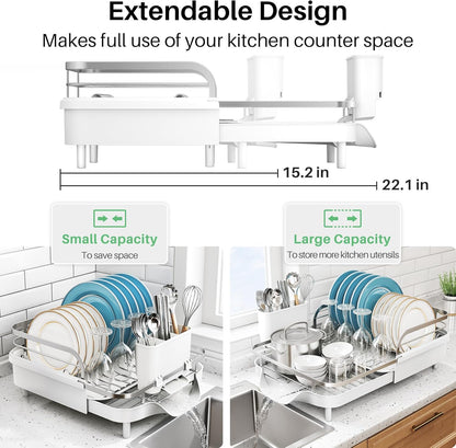 Dish Drying Rack, Expandable Dish Rack for Kitchen Counter, Stainless Steel Dish Drainer with