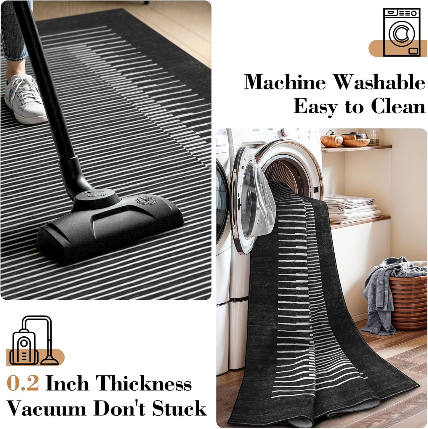 Wonnitar Washable Striped 5x7 Washable Area Rug, Non-Slip Black Berber Stripe Rugs for Living Room