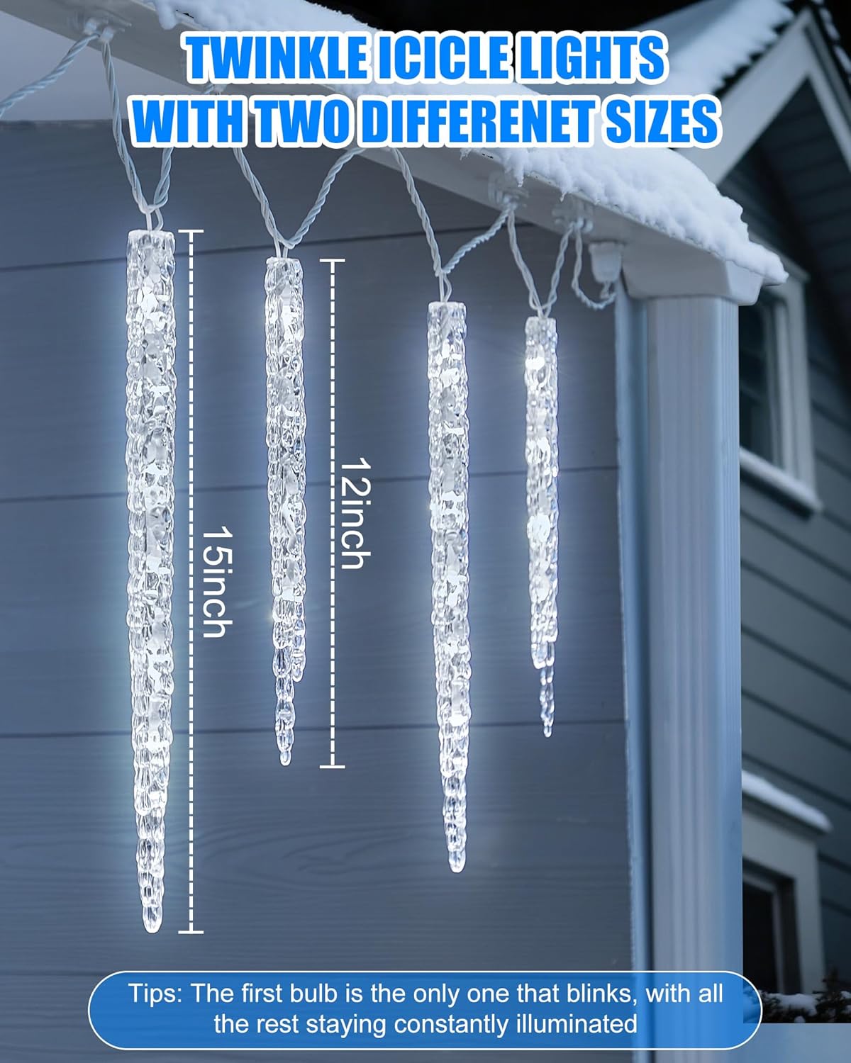 Minetom Icicle Lights Outdoor with Clips, 20ft 100 LED 20 Tubes Twinkling Icicle String Lights