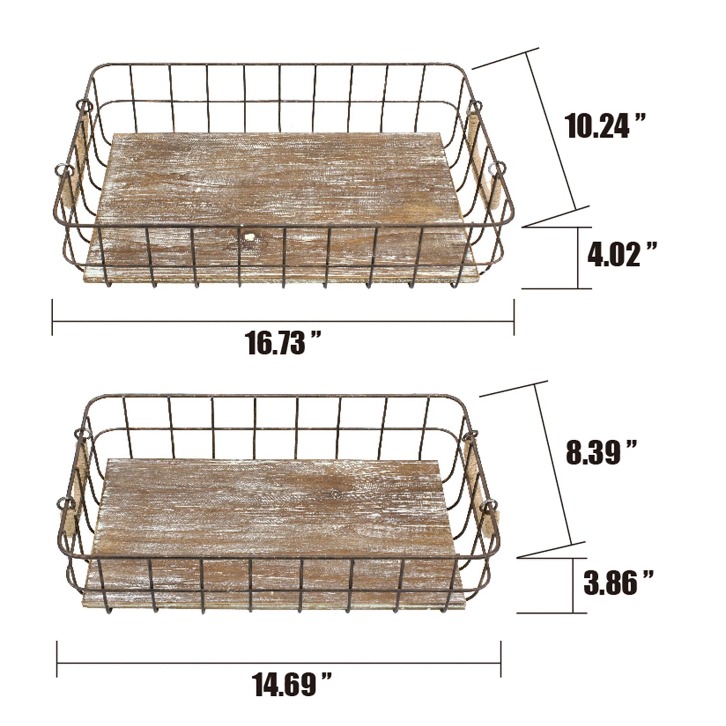 Stonebriar Stackable 2pc Rectangle Metal Wire and Wood Basket Set with Rope Wrapped Handles, Rustic