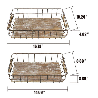 Stonebriar Stackable 2pc Rectangle Metal Wire and Wood Basket Set with Rope Wrapped Handles, Rustic
