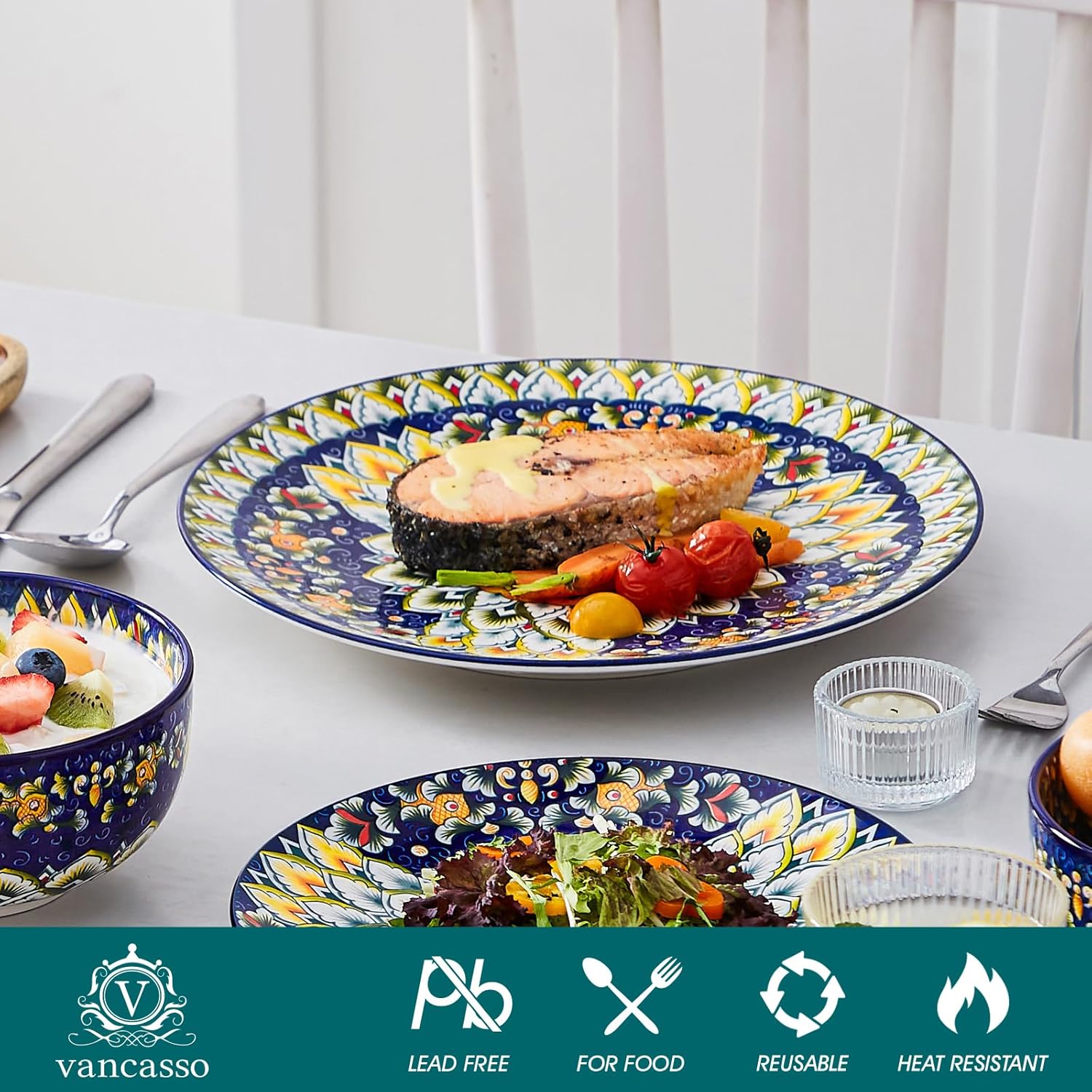 vancasso 12 Pieces Dinnerware Sets, Blue Plates and Bowls Set, Porcelain Dishes Set for 4