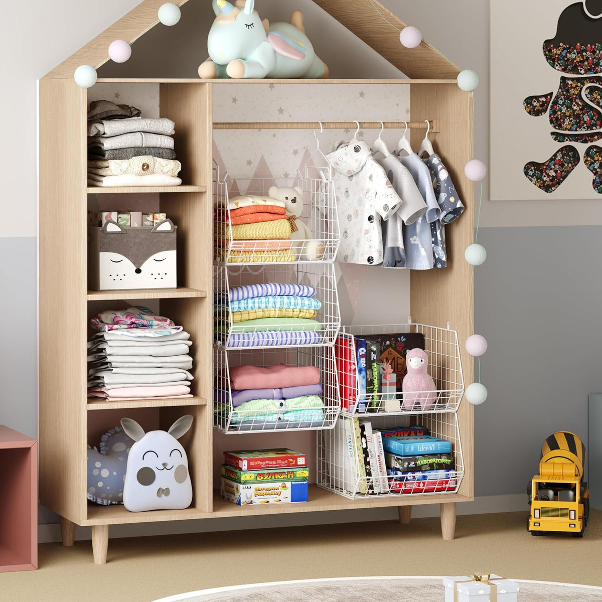 5 Tier Closet Hanging Organizer, Clothes Hanging Shelves with 4 Hanging Hooks 5 S Hooks, Wire