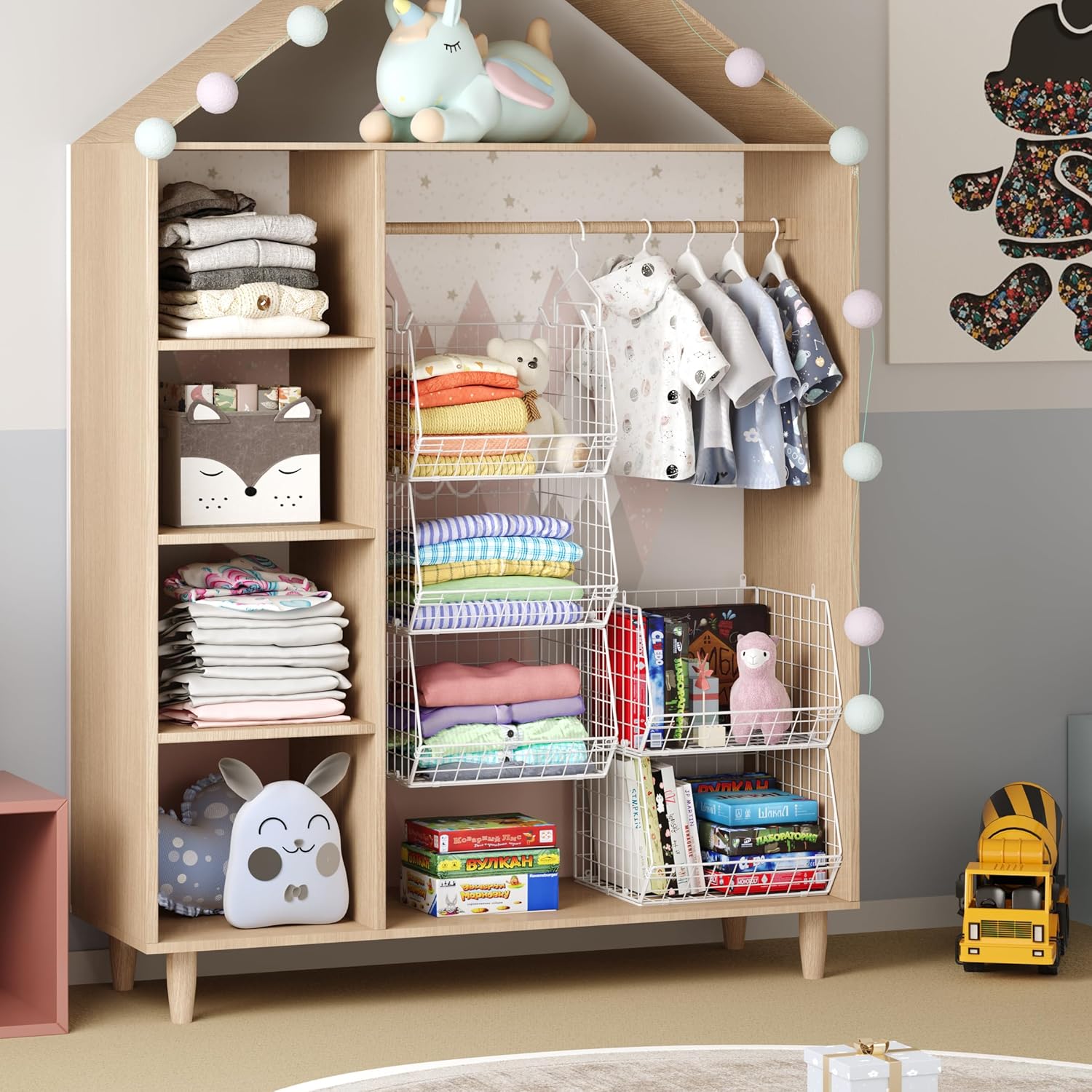 5 Tier Closet Hanging Organizer, Clothes Hanging Shelves with 4 Hanging Hooks 5 S Hooks, Wire