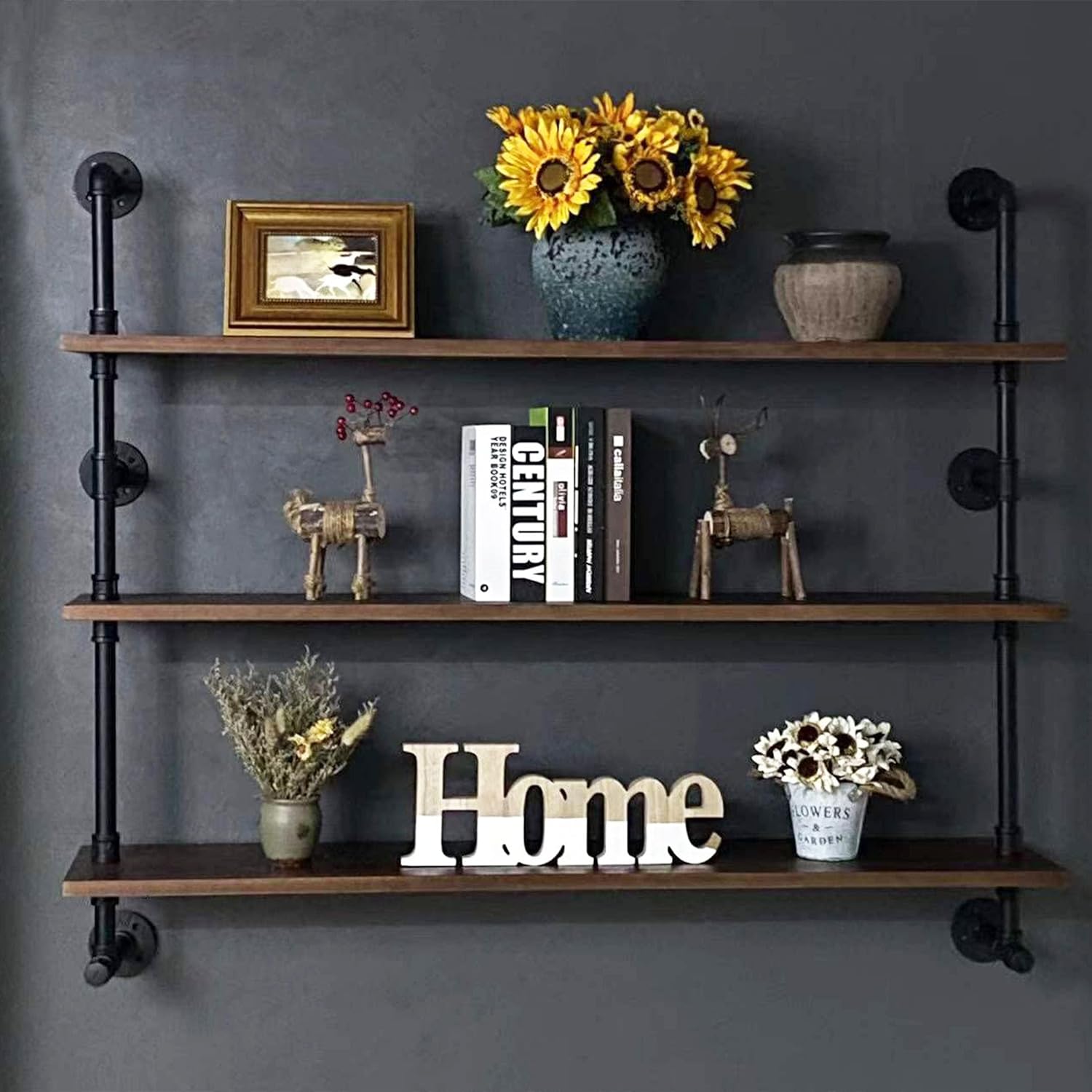 Industrial Pipe Wall Shelves Pipe Shelving with Real Wood Plank ,48 Inches Floating Shelves for
