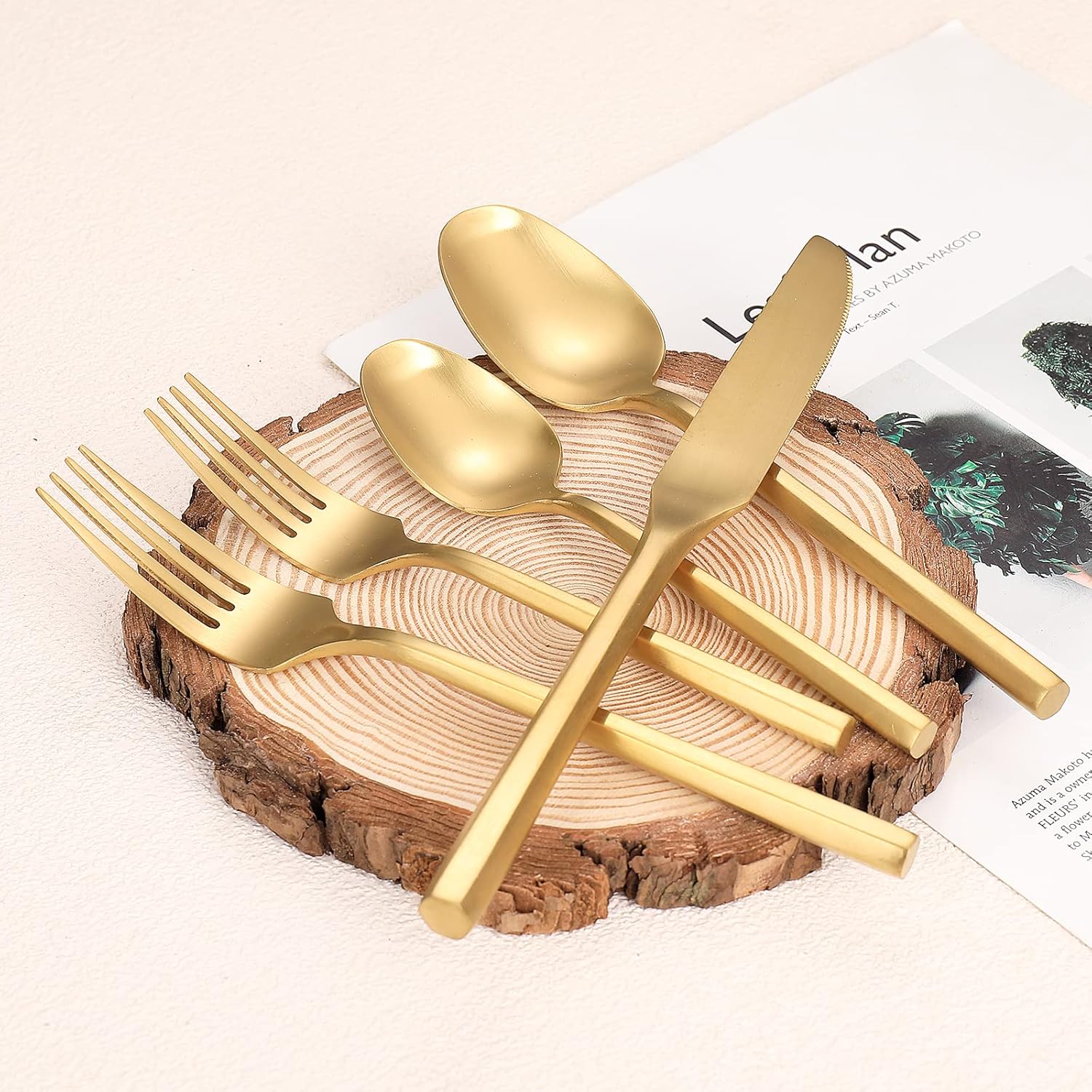 Matte Silverware Set Gold Flatware Set with Hexagon Handle 20 Pieces 18/0 Stainless Steel Cutlery
