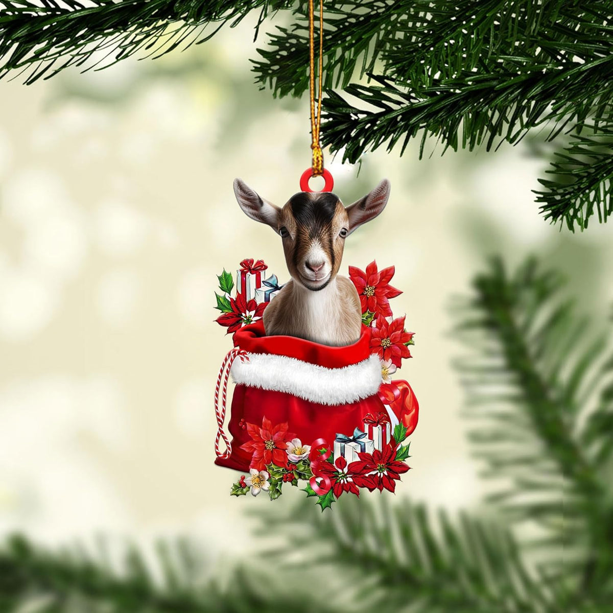 Talataca Goat 2D Flat Christmas Ornament, Goat in Red Santa Gift Bag Pine Tree Decor, Hanging House