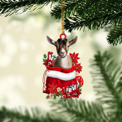 Talataca Goat 2D Flat Christmas Ornament, Goat in Red Santa Gift Bag Pine Tree Decor, Hanging House