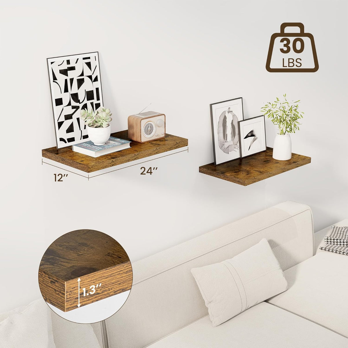 24" Floating Shelves for Wall, 12" Deep Slim Rustic Brown Floating Shelves, Wall-Mounted Shelves