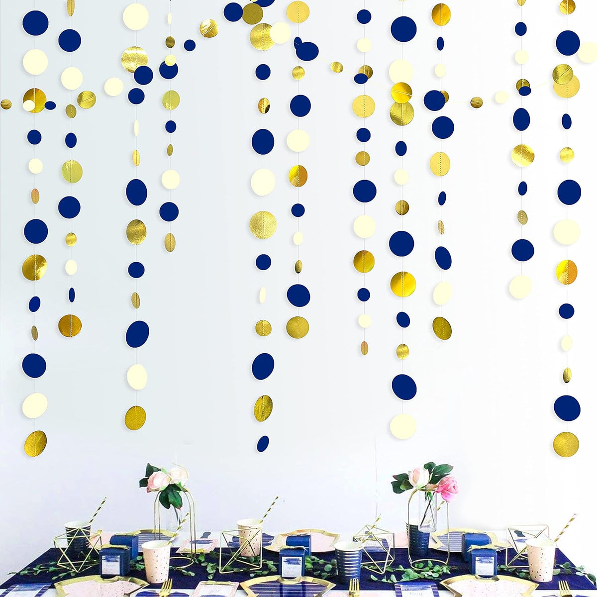 46 Ft Navy Blue and Gold Circle Dots Garland Royal Blue Hanging Paper Polka Dot Streamer for