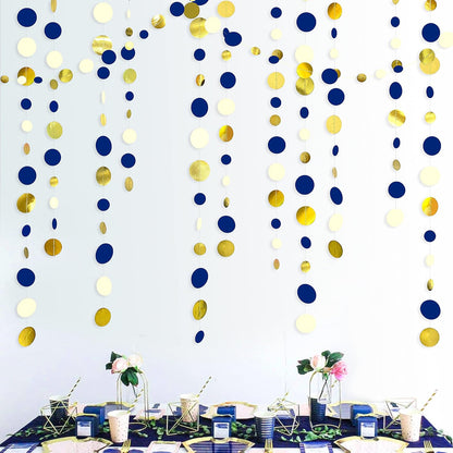 46 Ft Navy Blue and Gold Circle Dots Garland Royal Blue Hanging Paper Polka Dot Streamer for