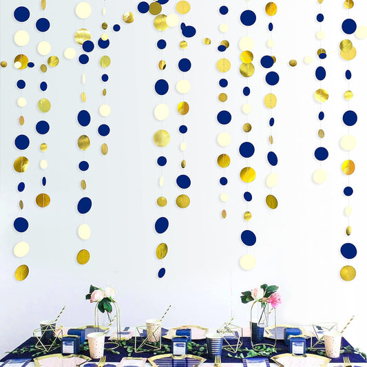 46 Ft Navy Blue and Gold Circle Dots Garland Royal Blue Hanging Paper Polka Dot Streamer for