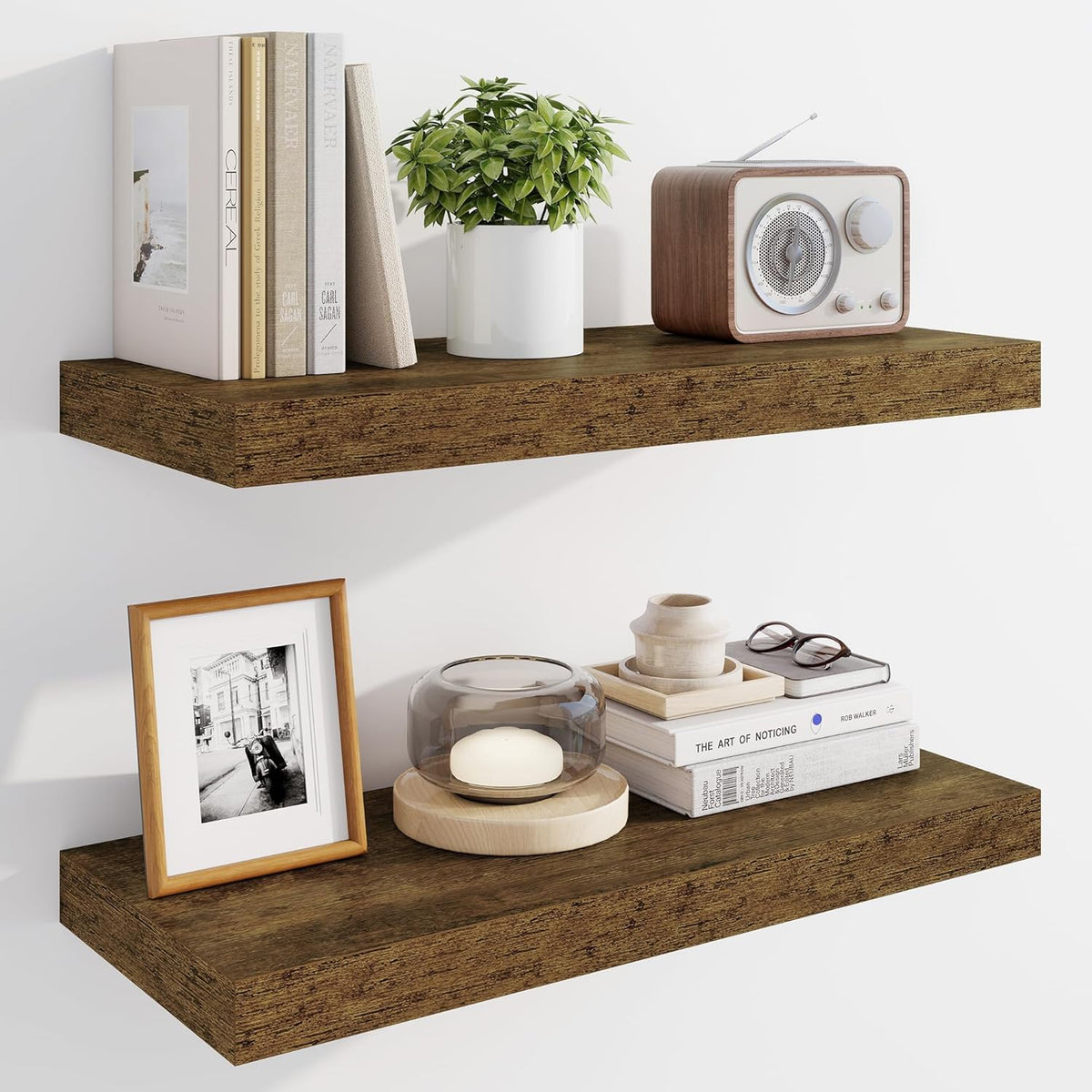 Marsmiles 24" Floating Shelves for Wall, Wooden Shelves with Invisible Brackets Set of 2, Rustic