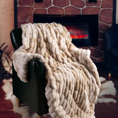 BATTILO HOME Ruched Luxurious Soft Beige Faux Fur Throw Blanket Fuzzy Plush Elegant with Reversible