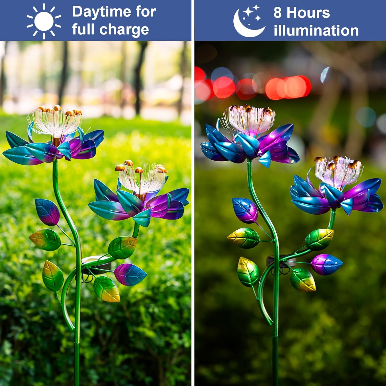 Solar Wind Spinners Blue Twin Flowers for Yard and Garden, Solar Windmill Garden Whirligig Kinetic