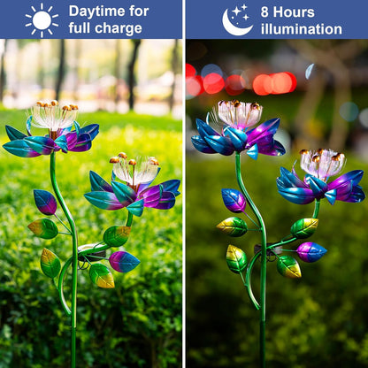 Solar Wind Spinners Blue Twin Flowers for Yard and Garden, Solar Windmill Garden Whirligig Kinetic