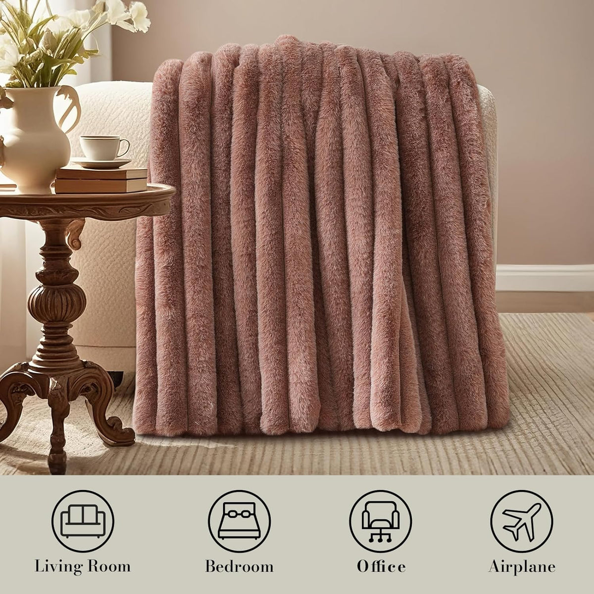 Amélie Home Faux Fur Throw Blanket for Couch, Ultra Cozy Fuzzy Fluffy Fur Luxurious Soft Striped