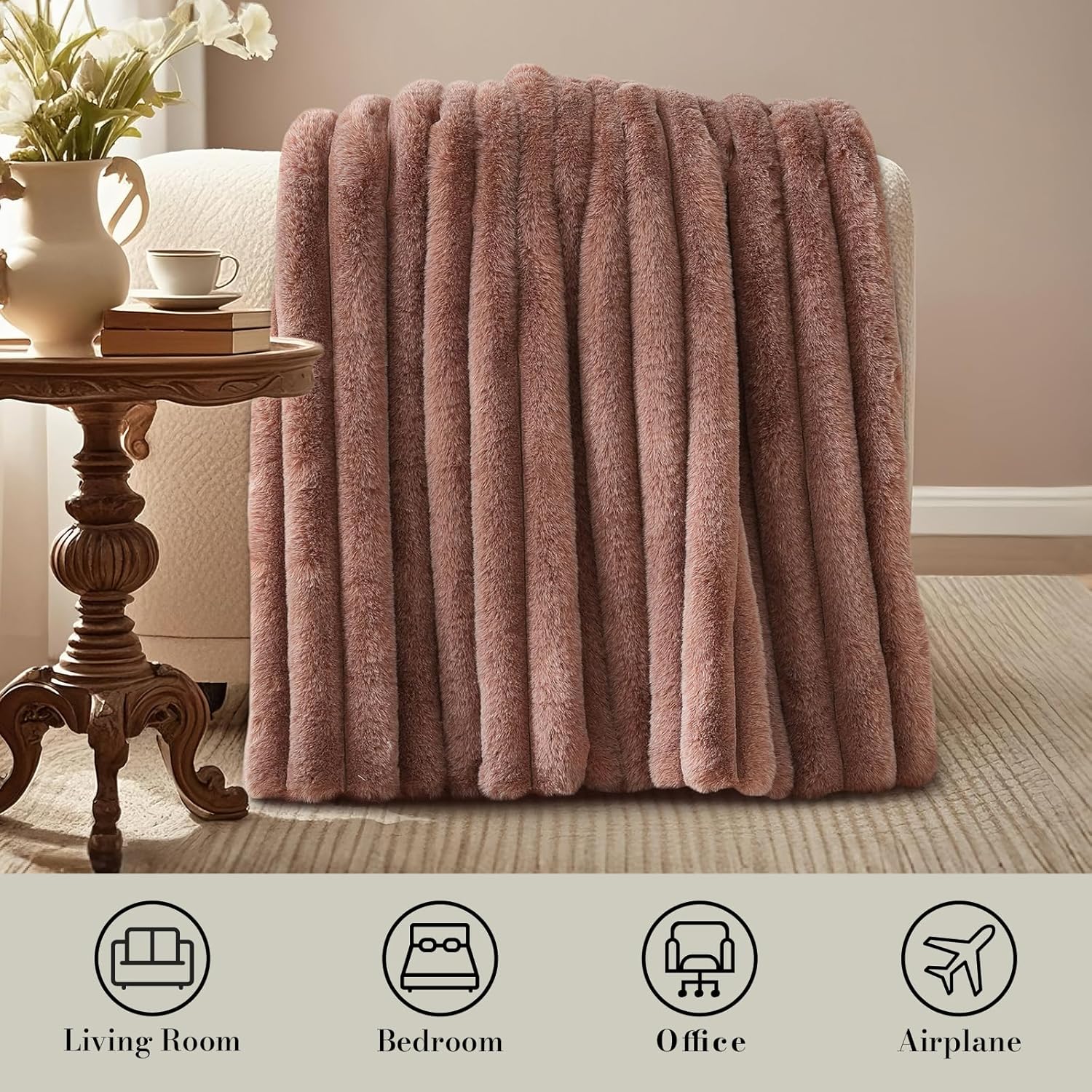 Amélie Home Faux Fur Throw Blanket for Couch, Ultra Cozy Fuzzy Fluffy Fur Luxurious Soft Striped