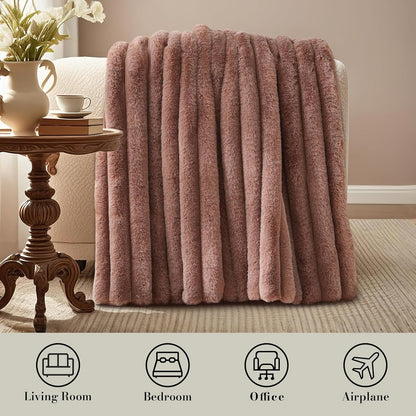 Amélie Home Faux Fur Throw Blanket for Couch, Ultra Cozy Fuzzy Fluffy Fur Luxurious Soft Striped