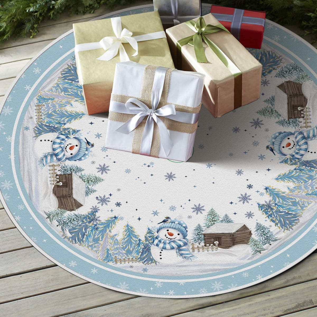 AVOIN colorlife Snowflake Snowman Cardinal Christmas Tree Skirt 48 Inch, Winter Holiday Tree Mat