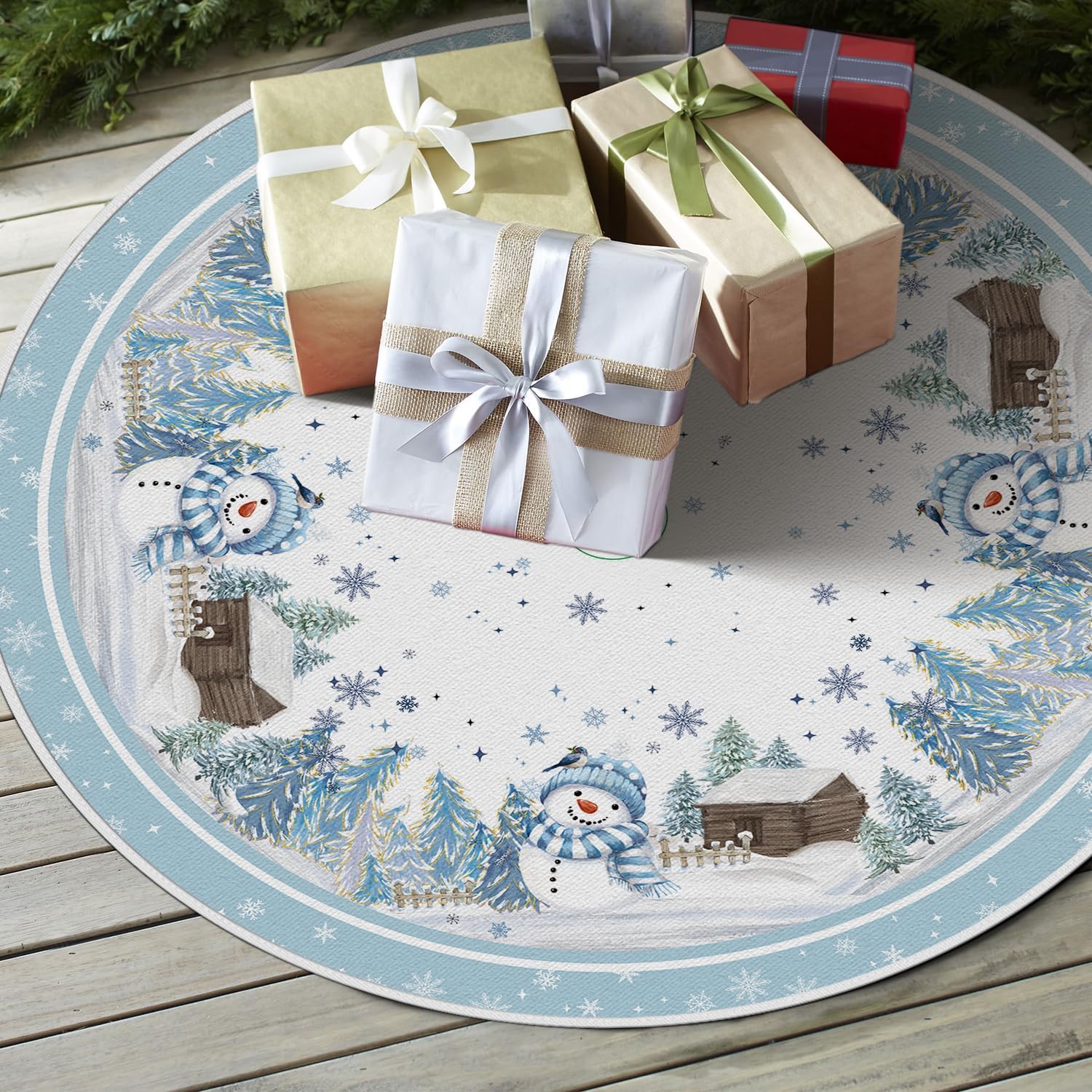 AVOIN colorlife Snowflake Snowman Cardinal Christmas Tree Skirt 48 Inch, Winter Holiday Tree Mat